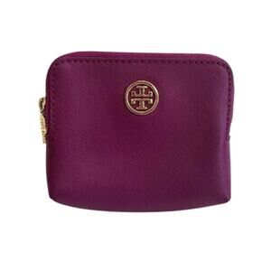 Tory Burch Mini Leather Wallet Purple Zip Coin Purse Card Holder 4.5"W x 4"H
